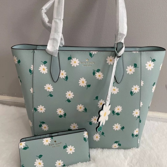 Kate Spade Dana Tote Bag Daisies Daisy Aphrodite Green & bifold wallet set NWT - Picture 5 of 11